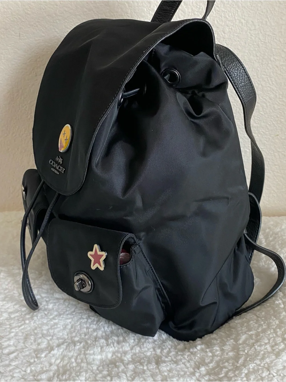 COACH Billie Black Nylon Backpack + Rare Coach Enamel Pin Set
